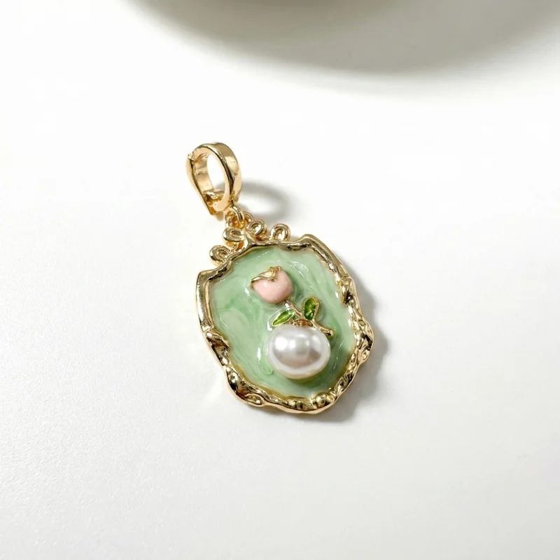 Rococo Rose Enamel Pendant with Pearl Accent - 1