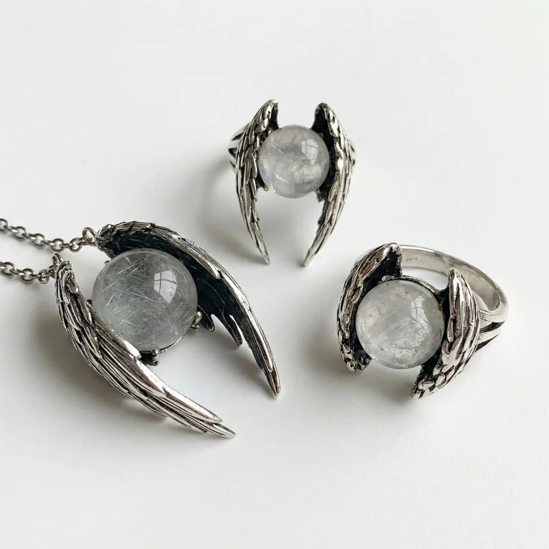 Vintage Silver Angel Wing Ring with Moonstone Orb - 1
