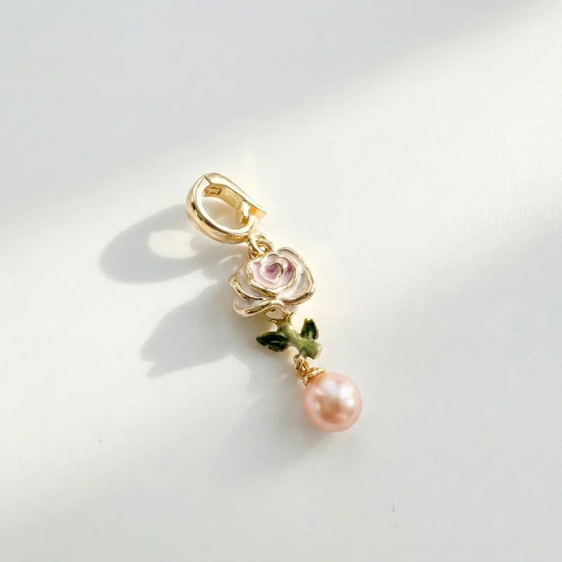 18K Gold Plated Enamel Rose Charm with Pink Pearl Drop - Vintage French Style - 1