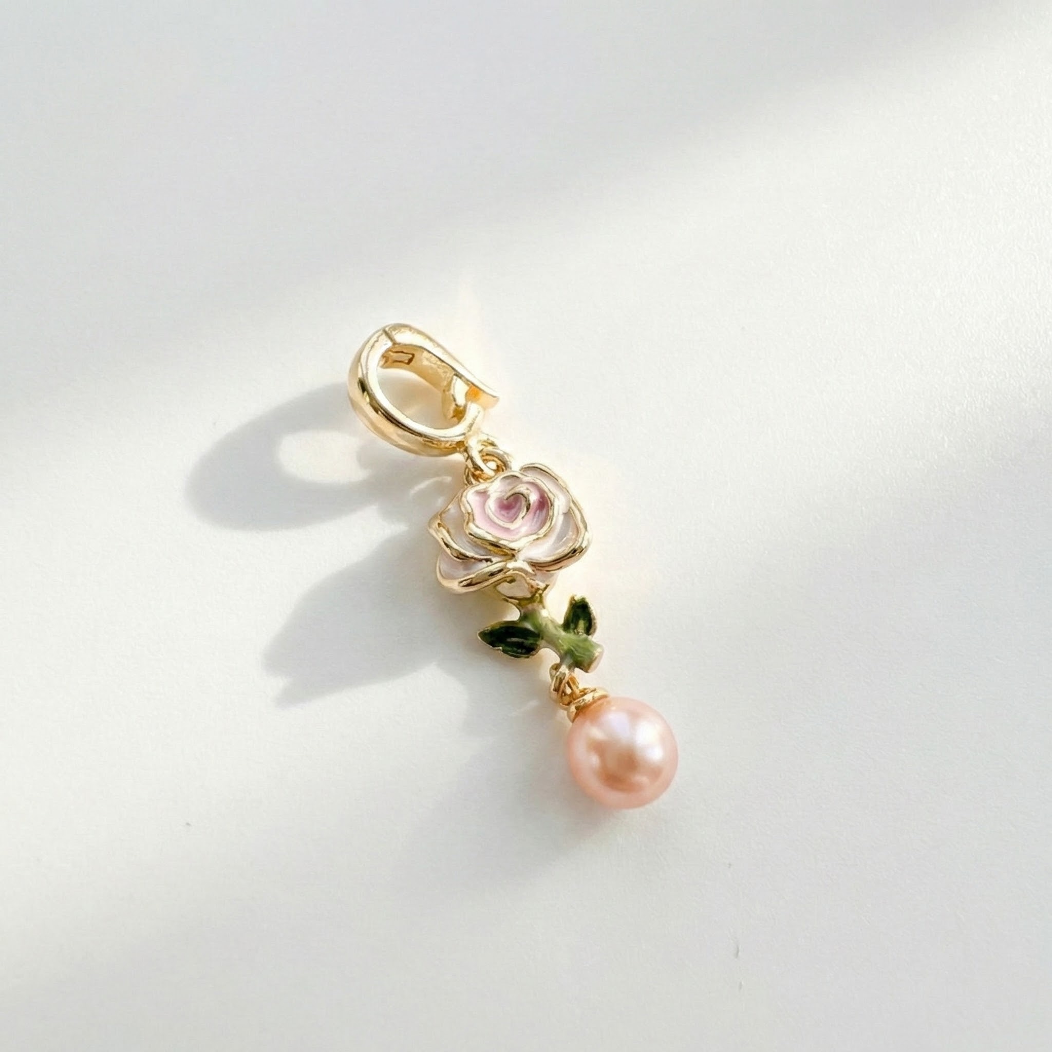 18K Gold Plated Enamel Rose Charm with Pink Pearl Drop - Vintage French Style