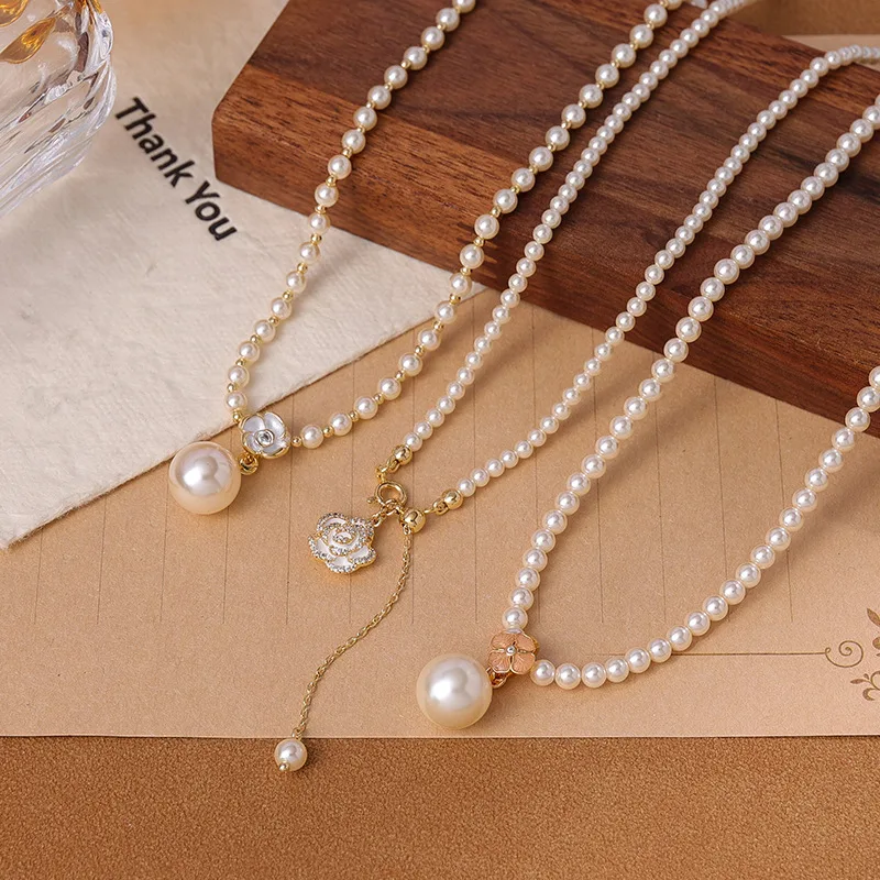 Camellia Flower Imitation Pearl Pendant Necklace
