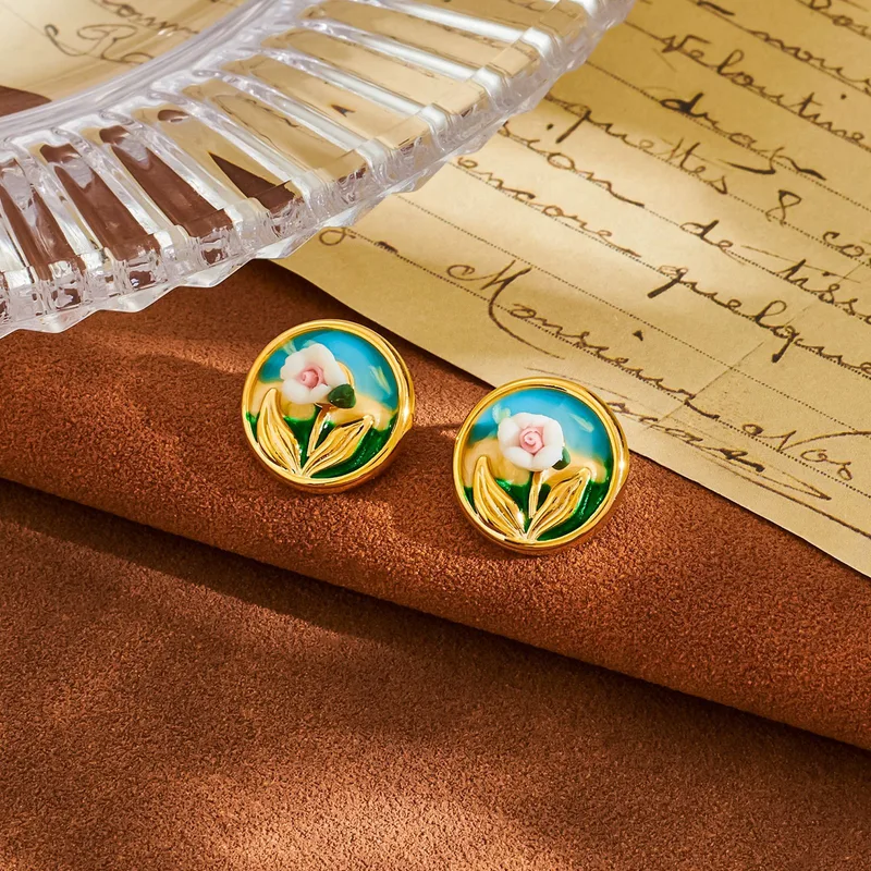 925 Sterling Silver Vintage Oil Painting Natural Freshwater Pearl Earrings