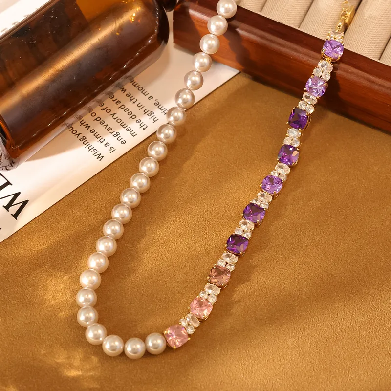 Violet Pearl Zircon Inlaid Long Pearl Necklace