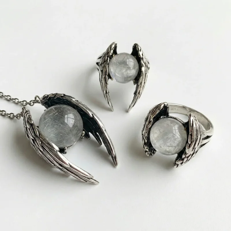 Vintage Silver Angel Wing Ring with Moonstone Orb - 1