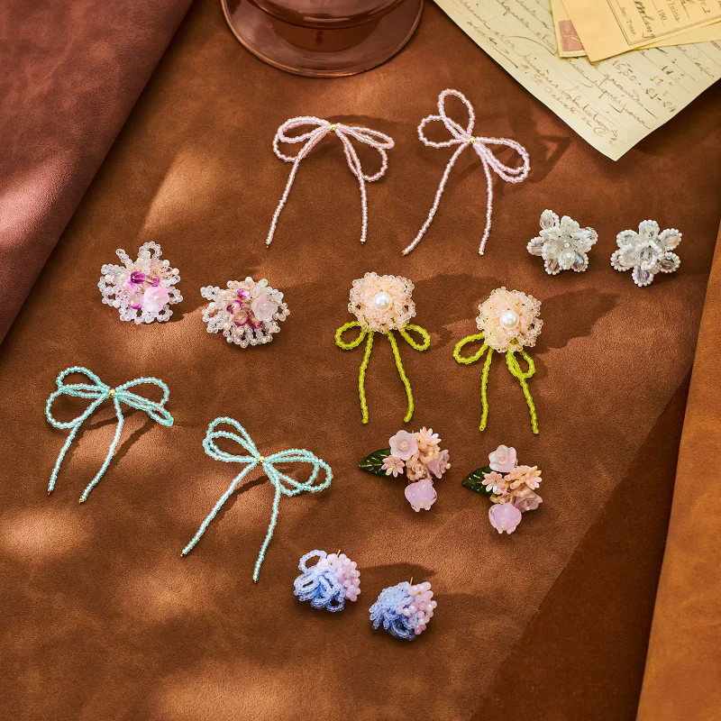 Pink Crystal Beaded Stud Earrings - Fairy Core Aesthetic - 1