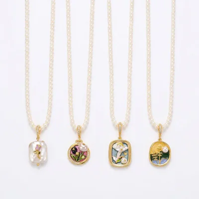 Pearl Chain Necklace, Flower Mixed Gemstone Gold Inlay Pendant