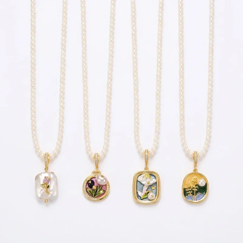 Pearl Chain Necklace, Flower Mixed Gemstone Gold Inlay Pendant - image 1