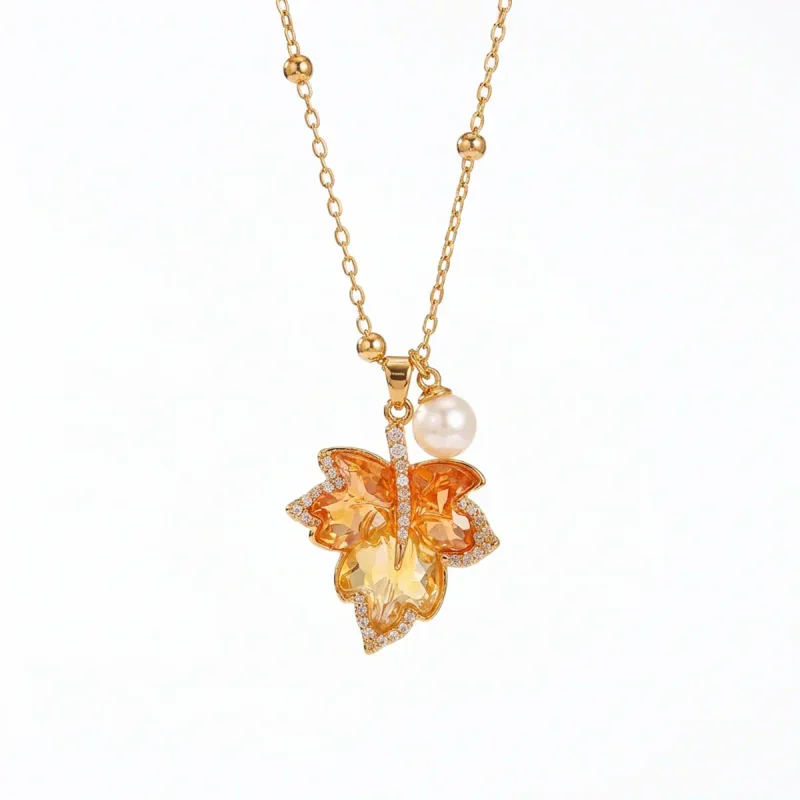 Gold Plated Gradient Maple Leaf Citrine Earring Necklace - gambar 1