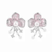 Camellia Pearl Flower Stud Earrings 925 Silver Needle