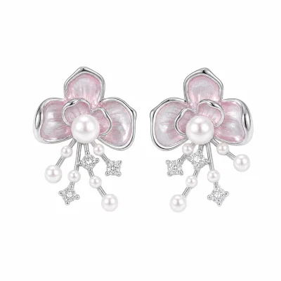 Camellia Pearl Flower Stud Earrings 925 Silver Needle