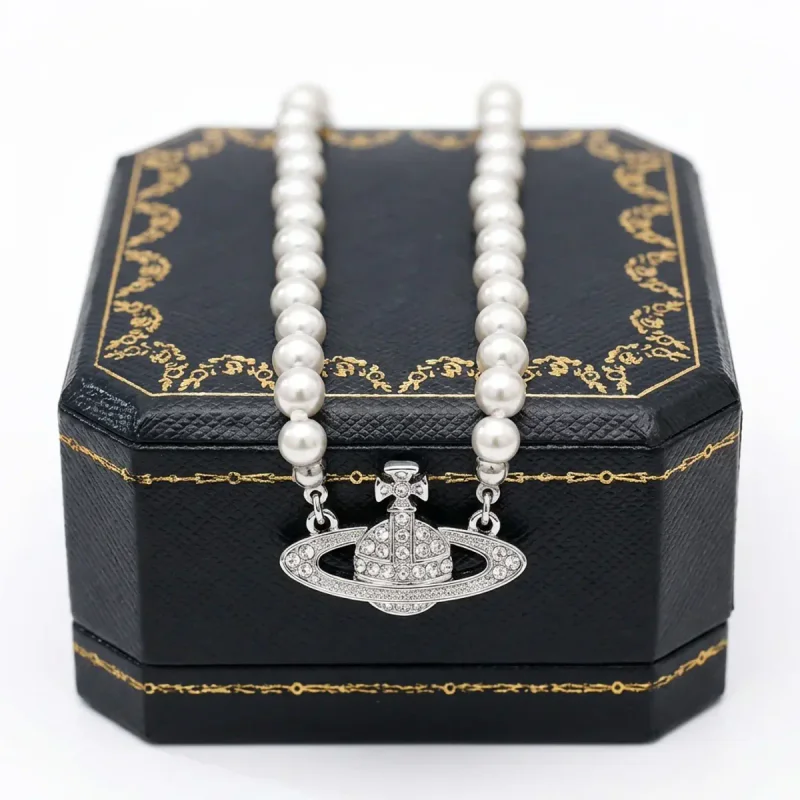 Saturn Pearl Zircon Clavicle Necklace - image 1