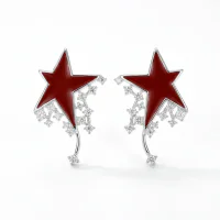 925 Sterling Silver Pin Red Enamel Pearl Oval Stud Earrings