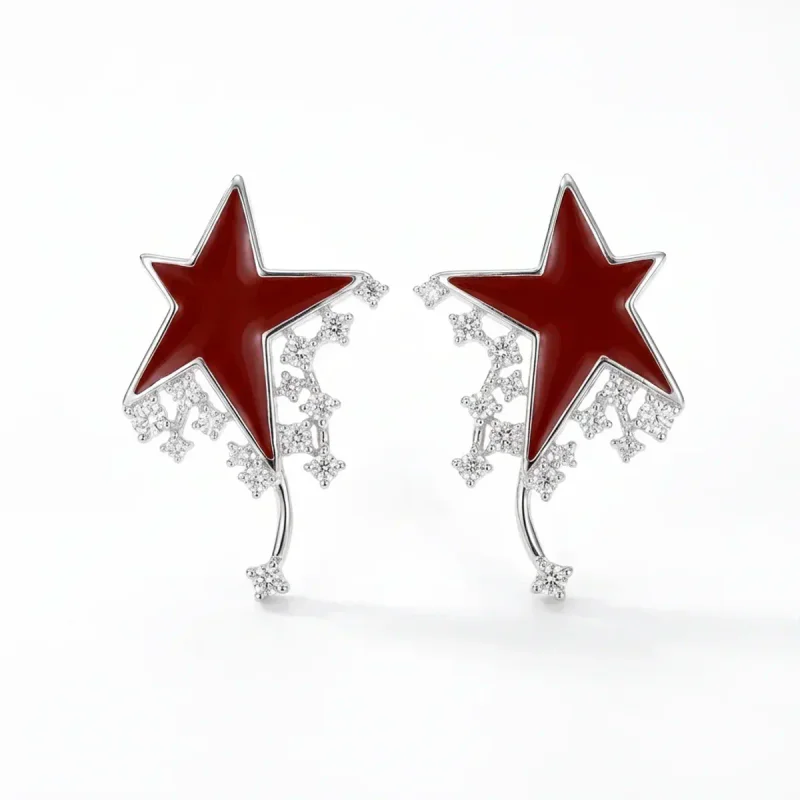 925 Sterling Silver Pin Red Enamel Pearl Oval Stud Earrings - hình ảnh 1