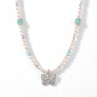 Sapphire Zircon Sugar Cube Pendant Pearl Necklace