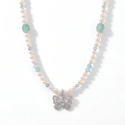 Sapphire Zircon Sugar Cube Pendant Pearl Necklace