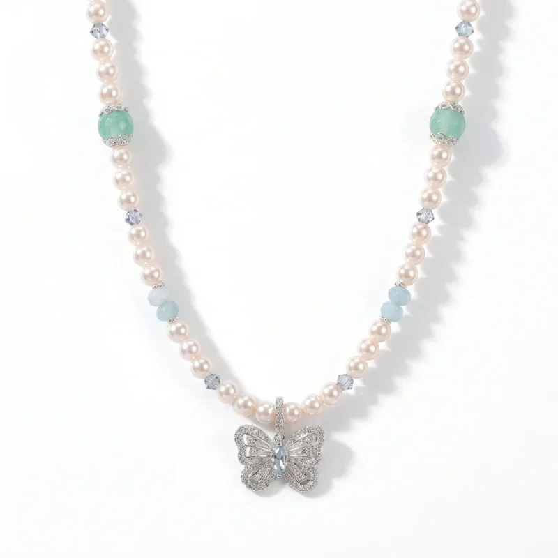 Sapphire Zircon Sugar Cube Pendant Pearl Necklace - image 1