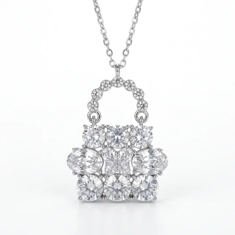 Zircon Bag Ear Stud Necklace Set 925 Silver Pin - image 1