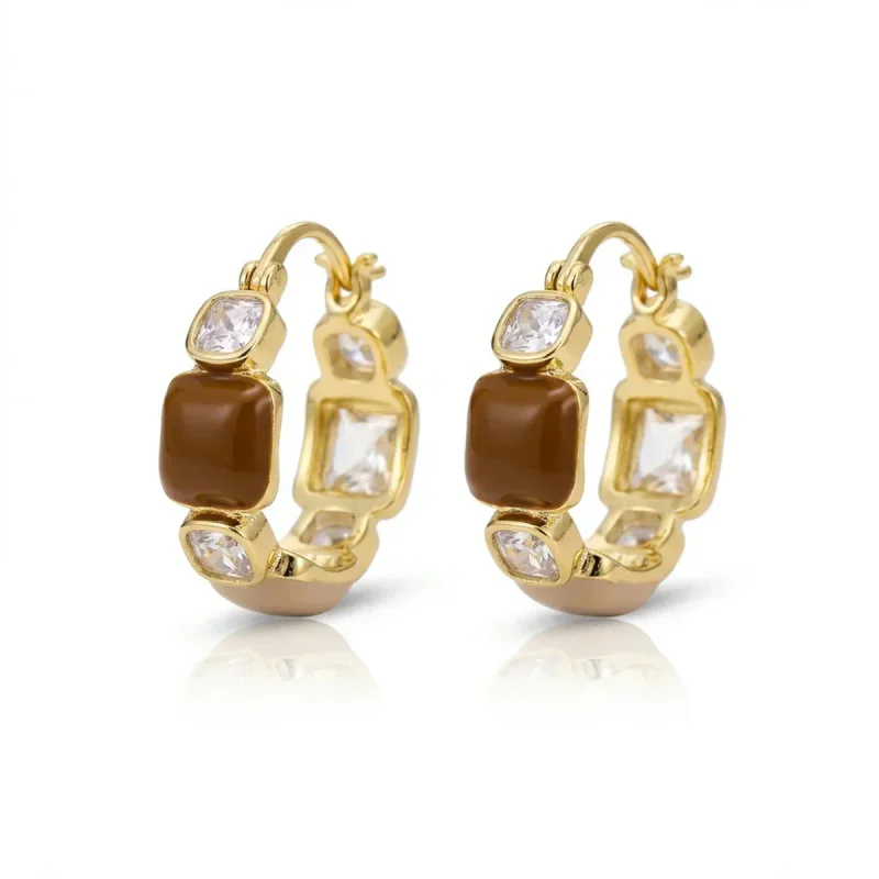Coffee Zircon C-Type Earrings with 925 Silver Pin - hình ảnh 1
