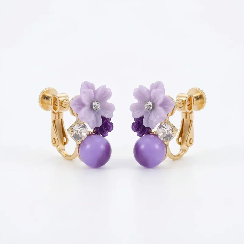 Copper Electroplated Purple Crystal Flower Non-Pierced Ear Clips - 影像 1