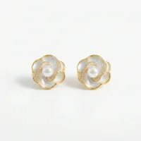 S925 Post Camellia Pearl Stud Earrings Gold Plated