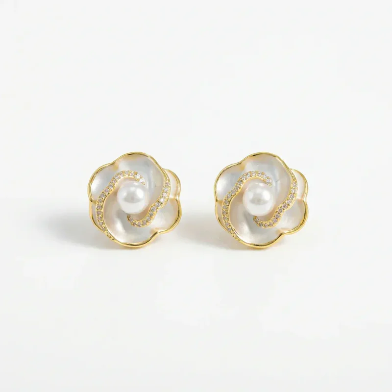 S925 Post Camellia Pearl Stud Earrings Gold Plated - image 1