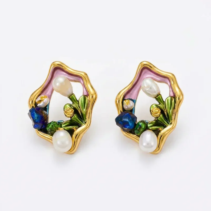Retro Monet Garden Freshwater Pearl S925 Silver Earrings - 图像 1