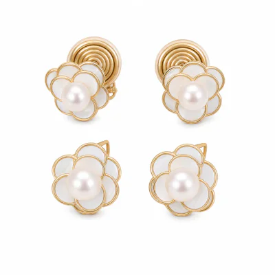 Copper Natural Freshwater Pearl Camellia Flower Ear Clips