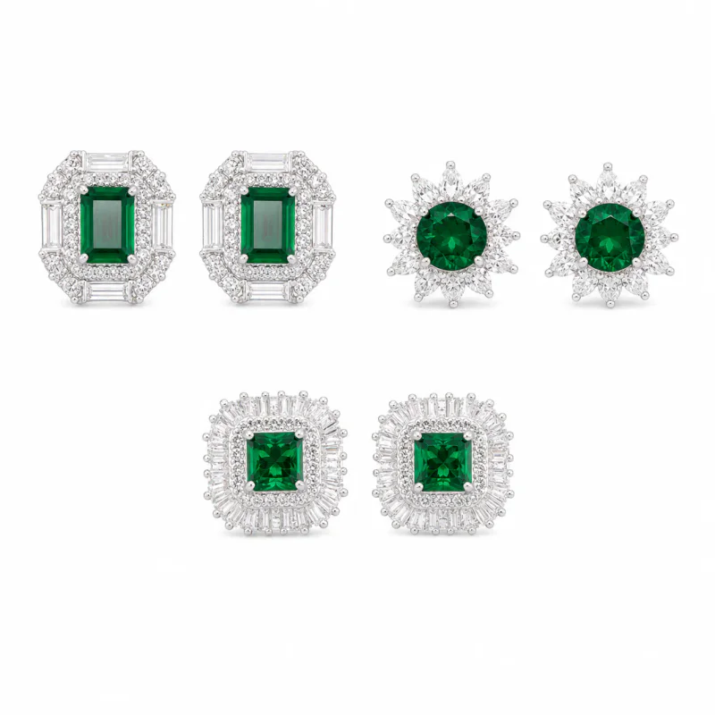 Emerald Zircon Geometric 925 Silver Stud Earrings - image 1