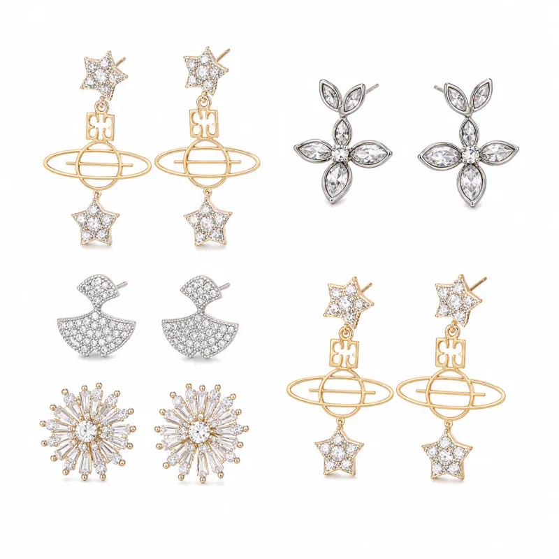 Copper Zircon Star Saturn Stud Earrings 925 Silver Pin - image 1