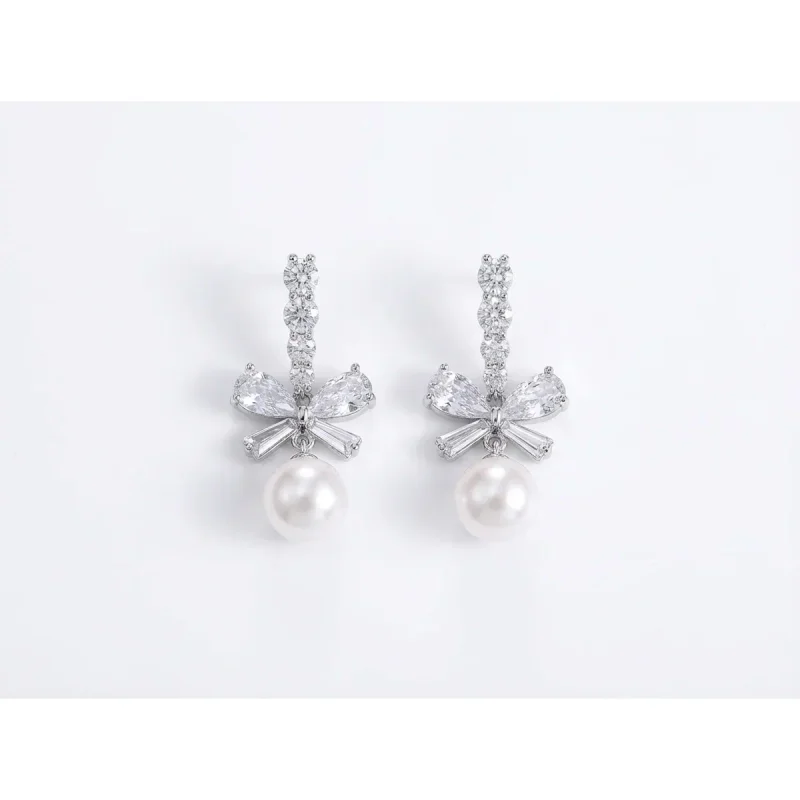 Bowknot Zircon Pearl 925 Sterling Silver Stud Earrings - image 1