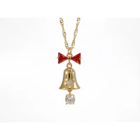 Gold Christmas Bell Zircon Bow Pendant Necklace