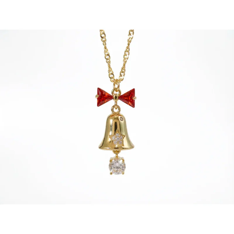 Gold Christmas Bell Zircon Bow Pendant Necklace - image 1