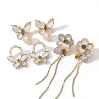 Olive Green Butterfly Pearl Stud Earrings Necklace Set