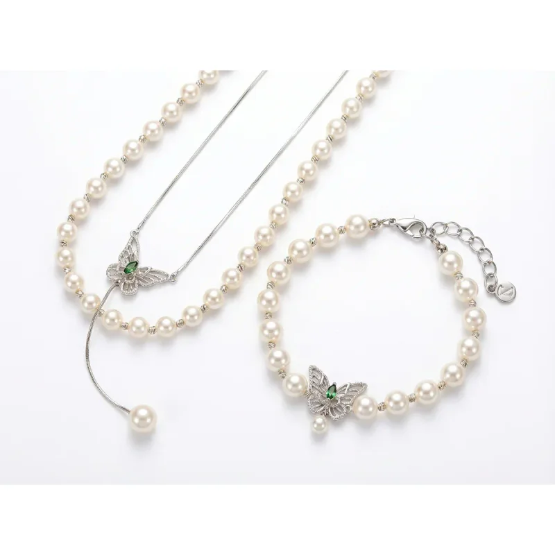 Olive Green Hollow Butterfly Pearl Jewelry Set - hình ảnh 1