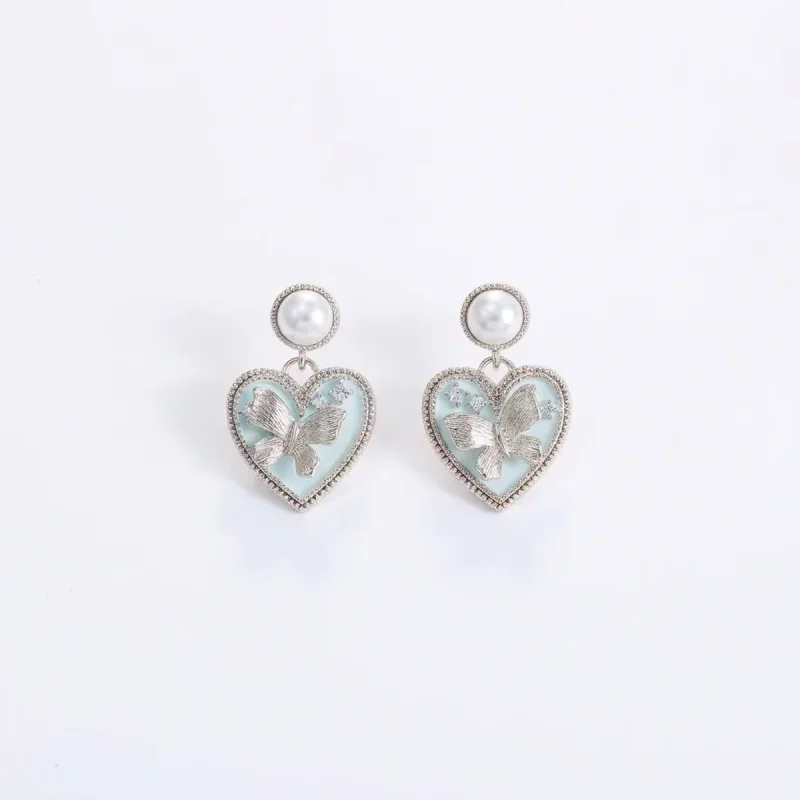 Women's S925 Heart Butterfly Pearl Stud Earrings - imagem 1