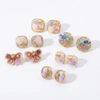 Monet Garden Oil Painting Enamel Pearl Stud Earrings
