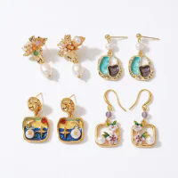 18K Gold Plated Enamel Freshwater Pearl Stud Earrings