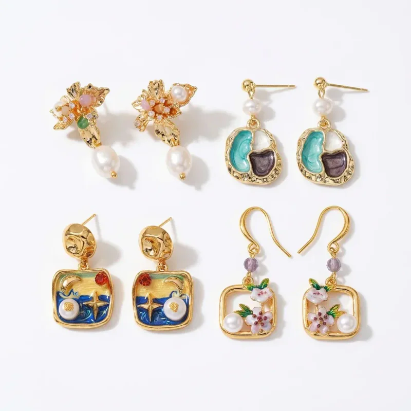 18K Gold Plated Enamel Freshwater Pearl Stud Earrings - 影像 1