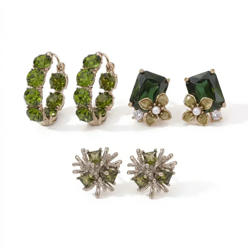 Super Shining Olive Green Zircon Floral Stud Earrings, 925 Silver Needle - 图像 1