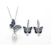 Silver Plated Copper Multi-layer Pearl Butterfly Necklace Earring Set