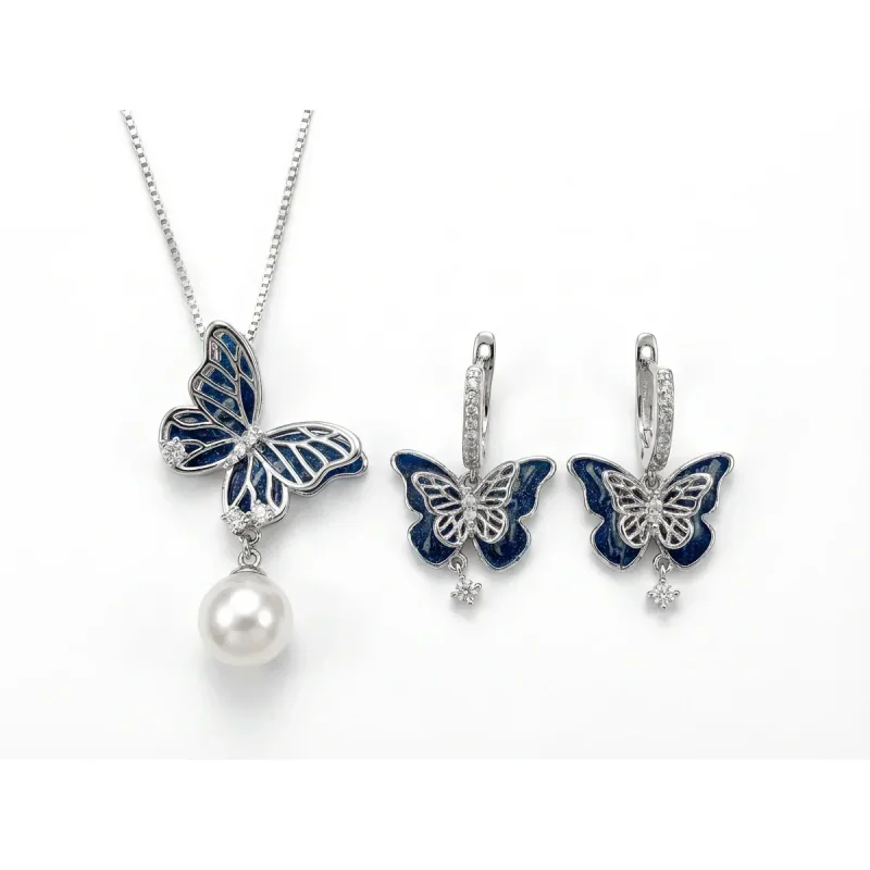 Silver Plated Copper Multi-layer Pearl Butterfly Necklace Earring Set - hình ảnh 1