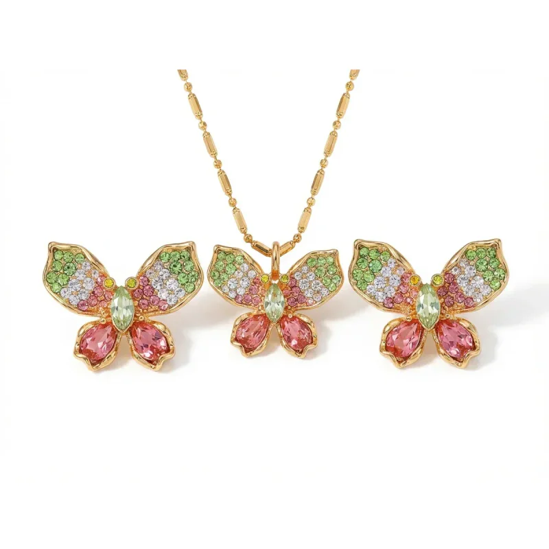 Women's Gold Plated Colorful Crystal Butterfly Necklace Earring Set - image 1