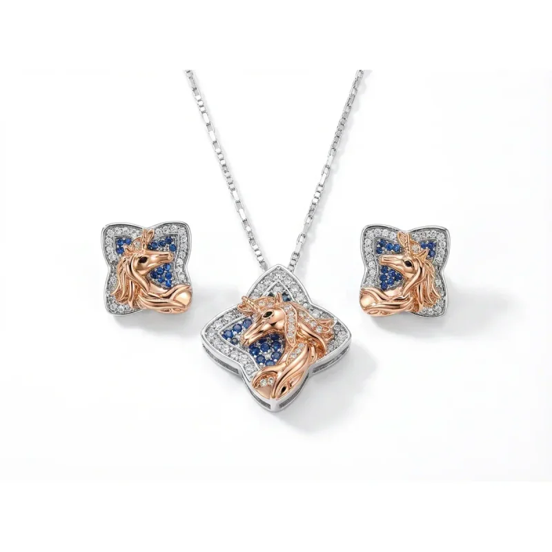 Copper Plated Gold Full Diamond Unicorn Clover Jewelry Set - image 1
