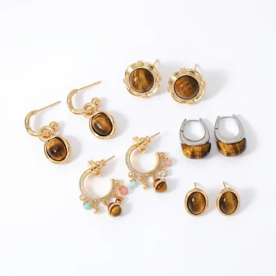 Gold Plated Copper Tigereye Geometric Earrings, 925 Sterling Silver Posts
