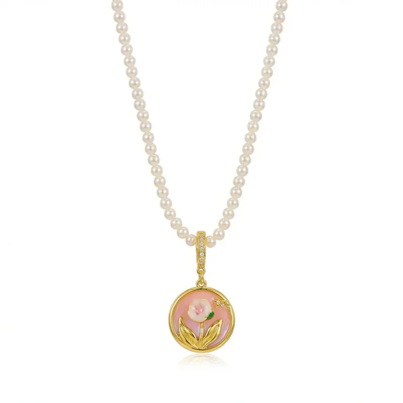 Natural Pearl Vintage Oil Painting Collarbone Necklace - image 1