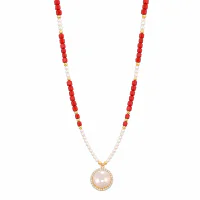 Natural Freshwater Pearl Red Cut Stone Beaded Necklace