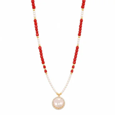 Natural Freshwater Pearl Red Cut Stone Beaded Necklace