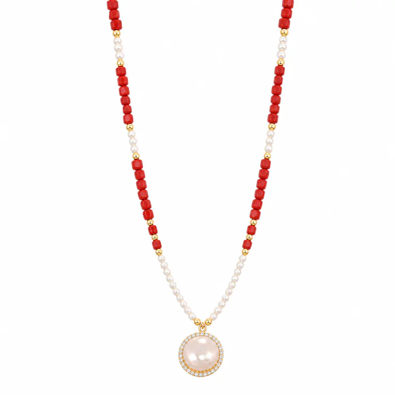 Natural Freshwater Pearl Red Cut Stone Beaded Necklace - image 1