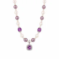 Amethyst Cube Pearl Necklace with Rhinestone Pendant