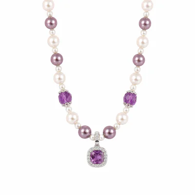 Amethyst Cube Pearl Necklace with Rhinestone Pendant